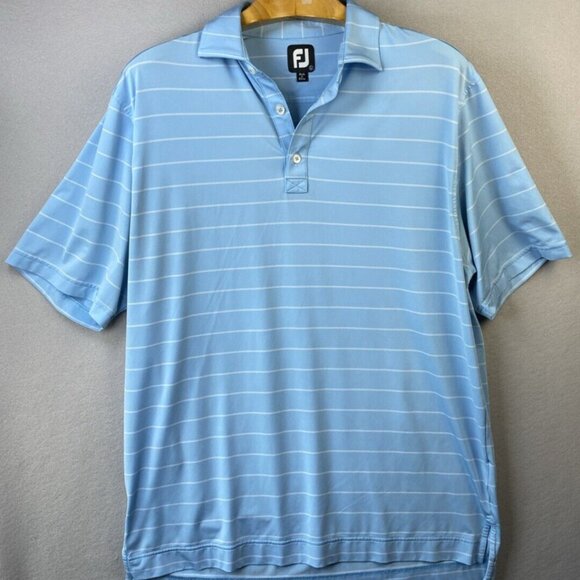 Footjoy‎ Polo Shirt Mens Size L Blue Striped Golf Athletic Fit Foot Joy Stretch - Picture 1 of 11